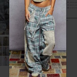 POL Blue Plaid Wide Leg Pants